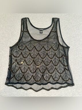 Vintage Y2K Beaded Mesh Tank Top Black Gold Scallop Sheer Whimsigoth Goth XL